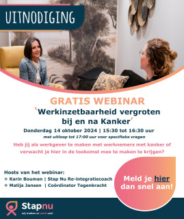 Webinar ''Werkinzetbaarheid vergroten bij en na kanker'' Stap Nu 14 okt 2024